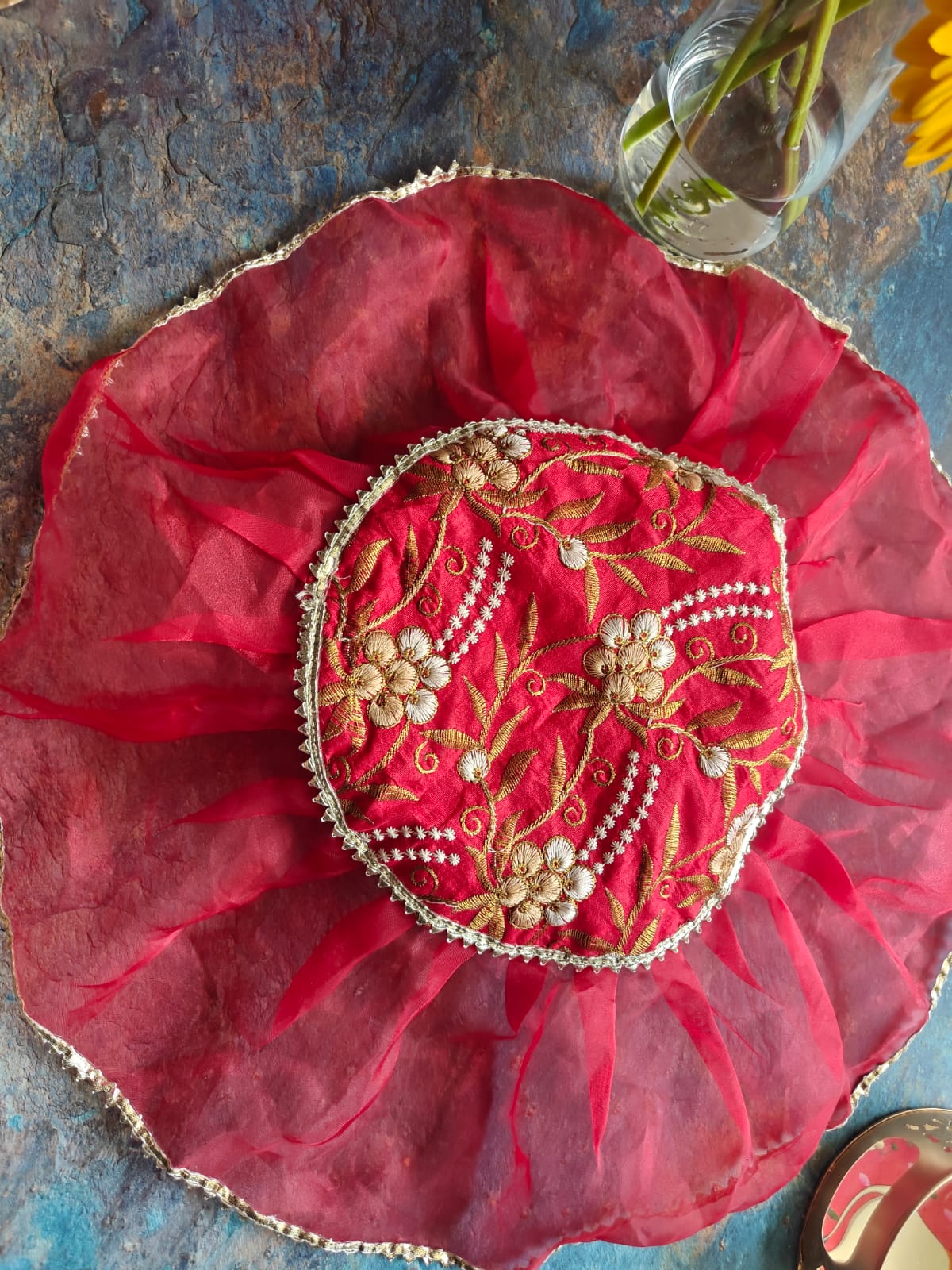 Decorative Red Silver Golden Organza Gota Patti Thalposh/Thali Cover