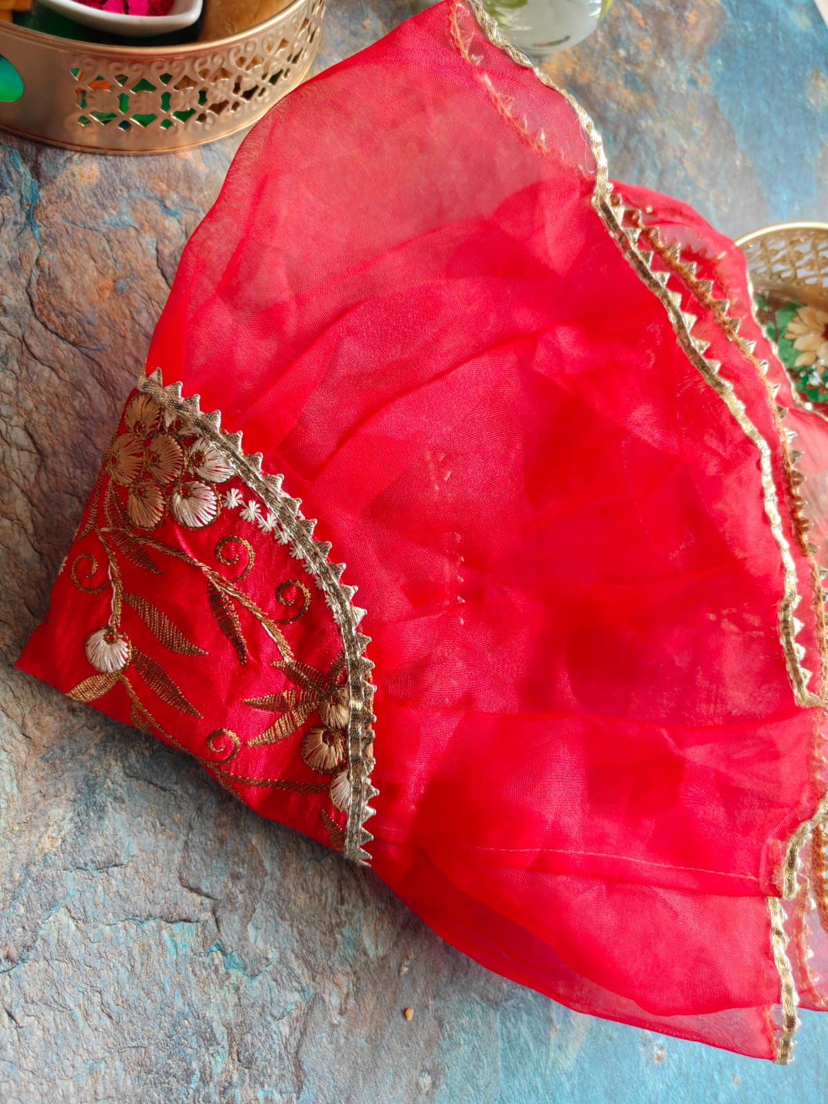 Decorative Red Silver Golden Organza Gota Patti Thalposh/Thali Cover