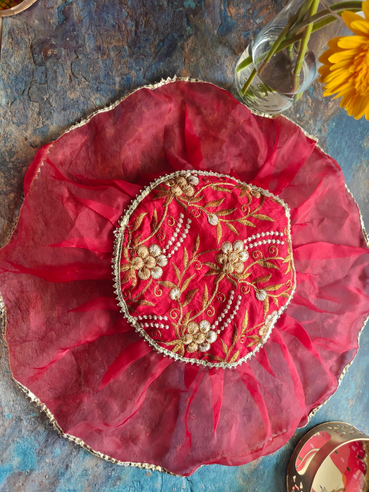 Decorative Red Silver Golden Organza Gota Patti Thalposh/Thali Cover