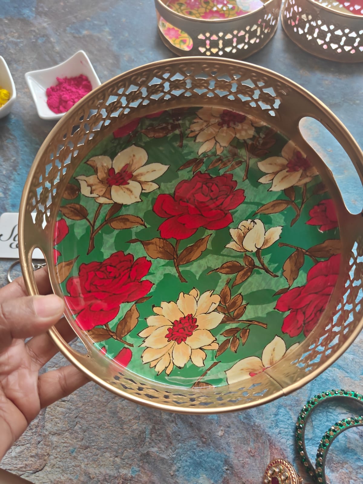 Decorative Gulab Rose Metal Tray| Gifting | Decor (8 x 8 inches)