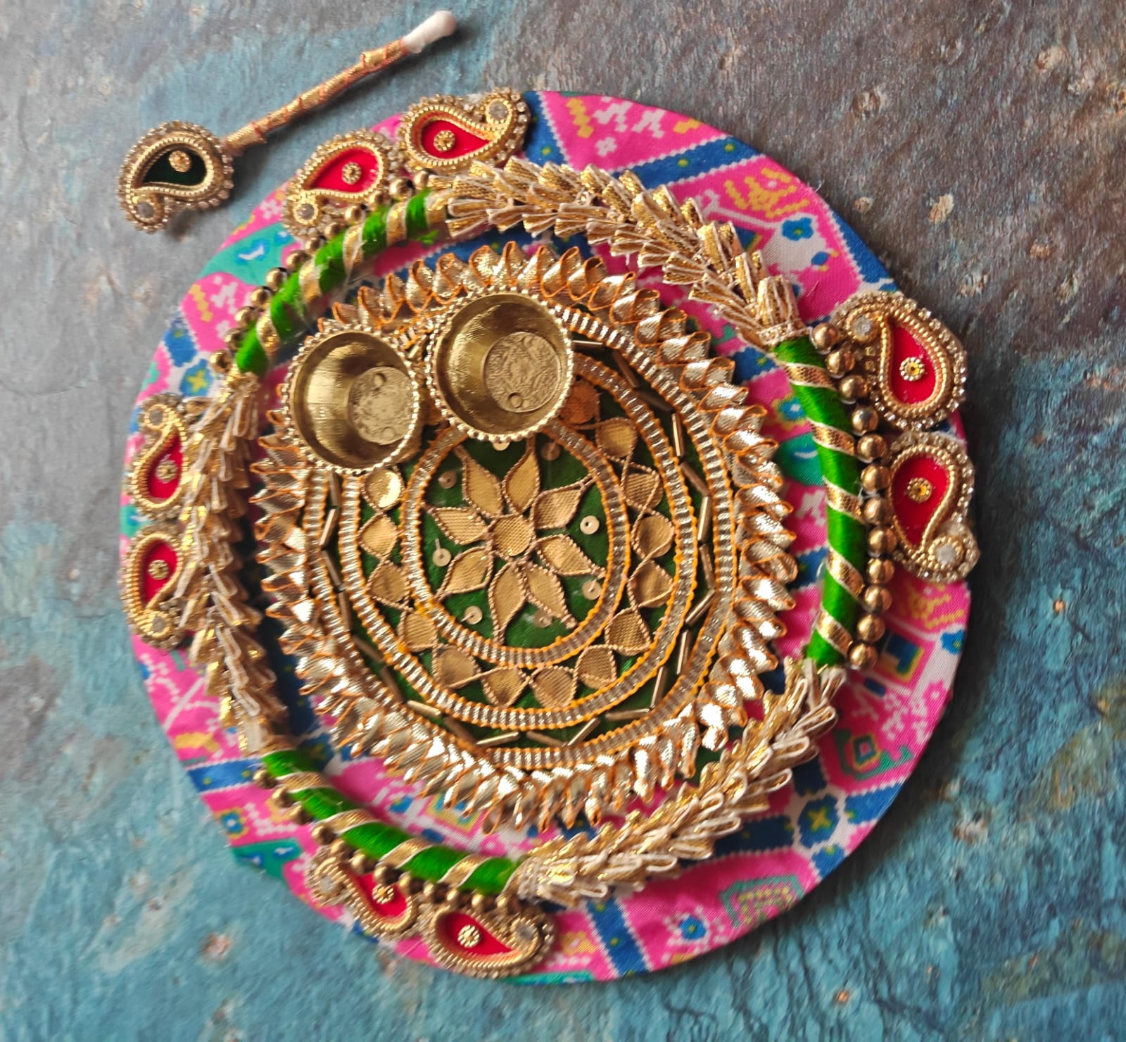 Pink Bandhej Roli Chawal Platter with Tilak Stick | Diwali Decoration Festive Centre piece Decor | Gift