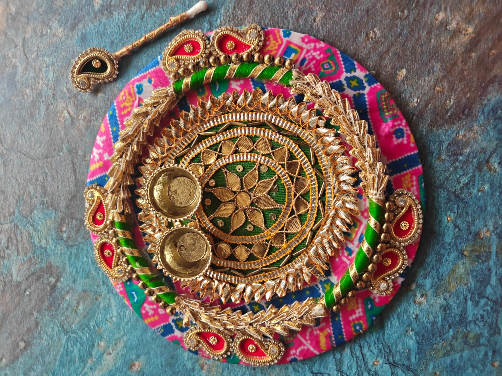 Pink Bandhej Roli Chawal Platter with Tilak Stick | Diwali Decoration Festive Centre piece Decor | Gift