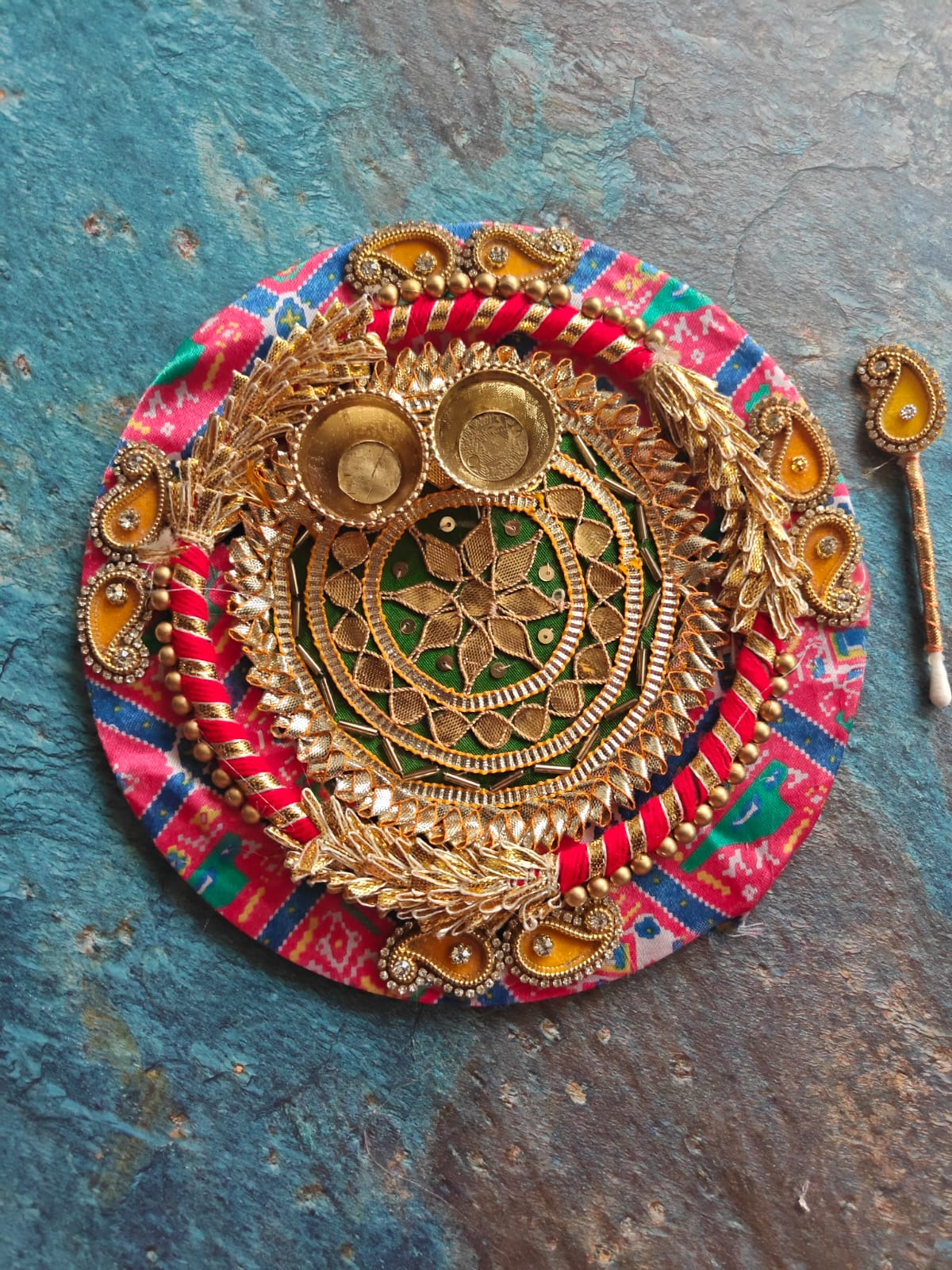 Decortaive Bandhej Roli Chawal Platter with Tilak Stick | Diwali Decoration Festive Centre piece Decor | Gift