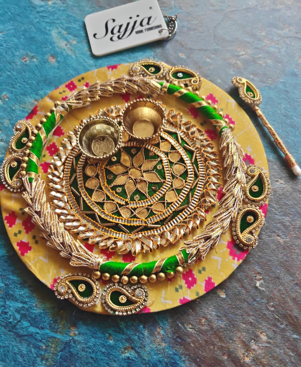 Bright Yellow Roli Chawal Platter with Tilak Stick | Diwali Decoration Festive Centre piece Decor | Gift