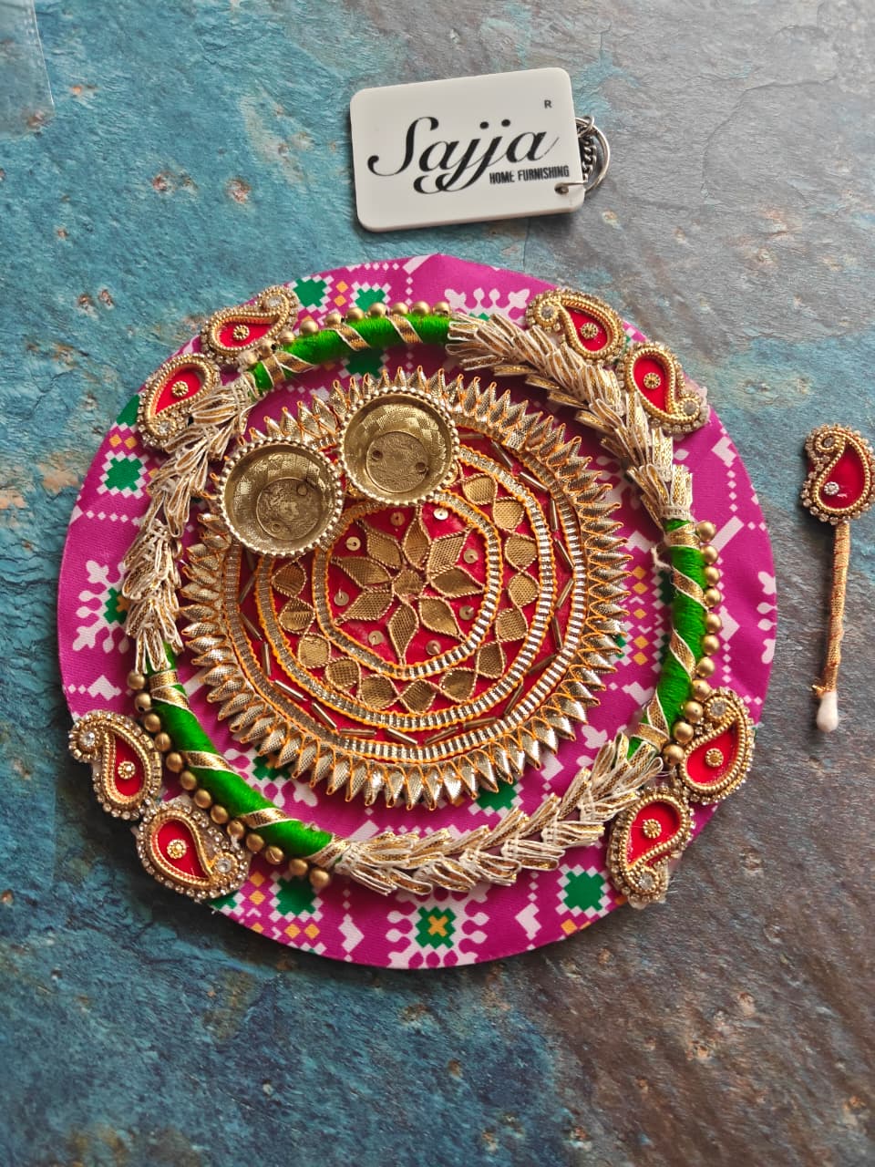 Rani Pink Roli Chawal Platter with Tilak Stick | Rakhi Decoration Festive Centre piece Decor | Gift