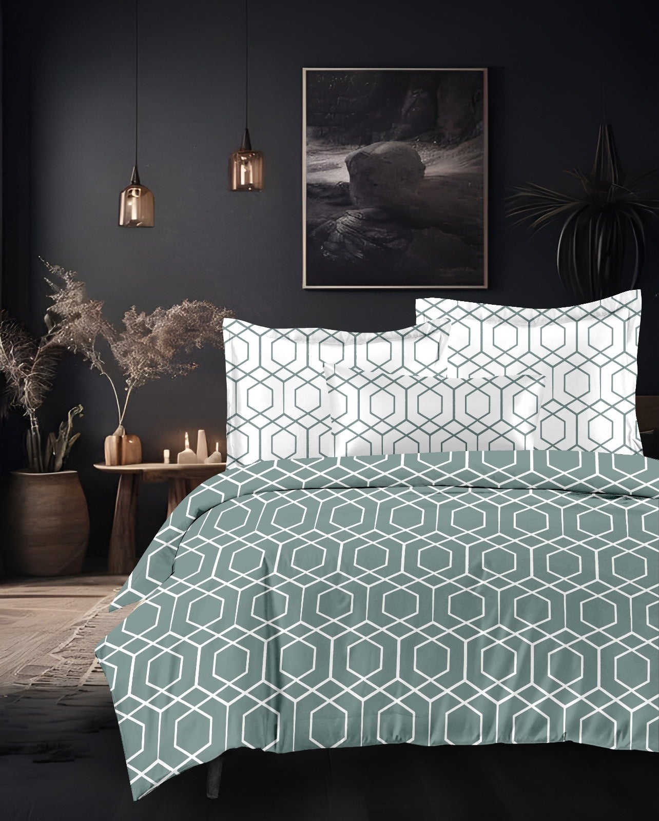 Designer Luxury Living Cotton Green White Floral King Double Bedsheet 9 feet x 9 feet