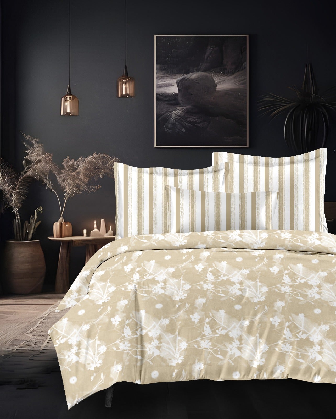 Designer Luxury Living Cotton Beige Gold Super King Double Bedsheet 9 feet x 9 feet