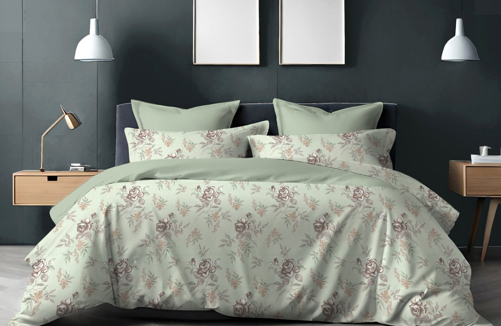 Designer Sage Green Floral Double Bedsheet Queen
