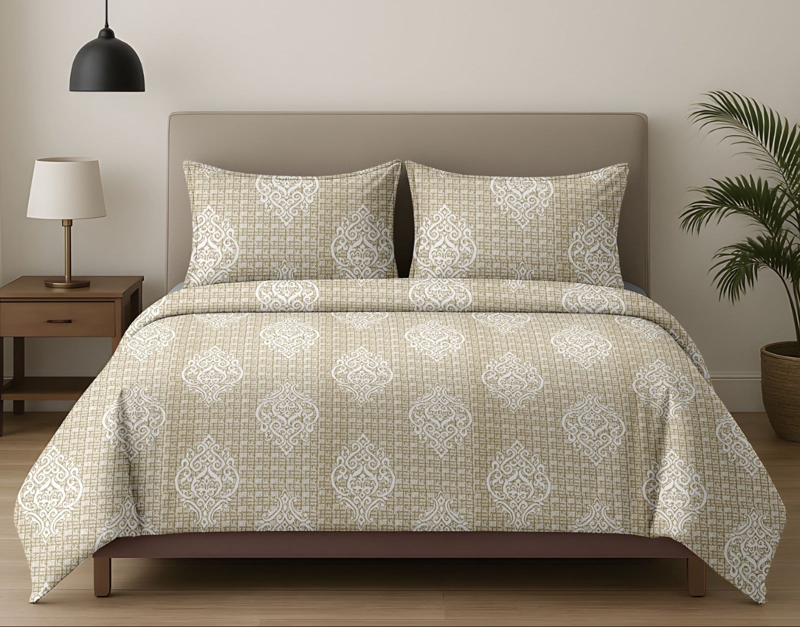 Tang Dynasty inspired Damask Pattern Beige Double Bedsheet Queen 90 x100 inches