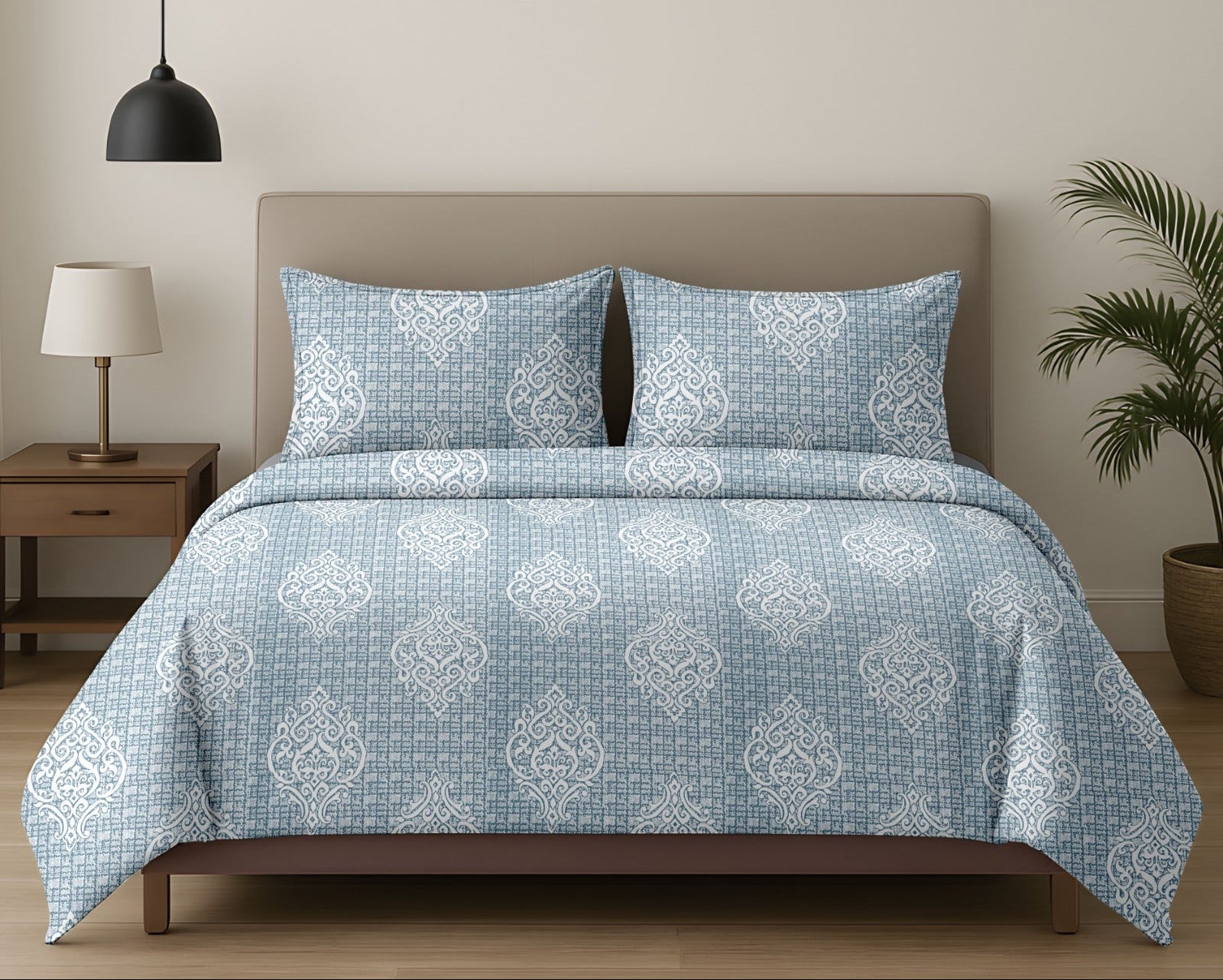 Tang Dynasty inspired Damask Pattern Blue Double Bedsheet Queen 90 x100 inches