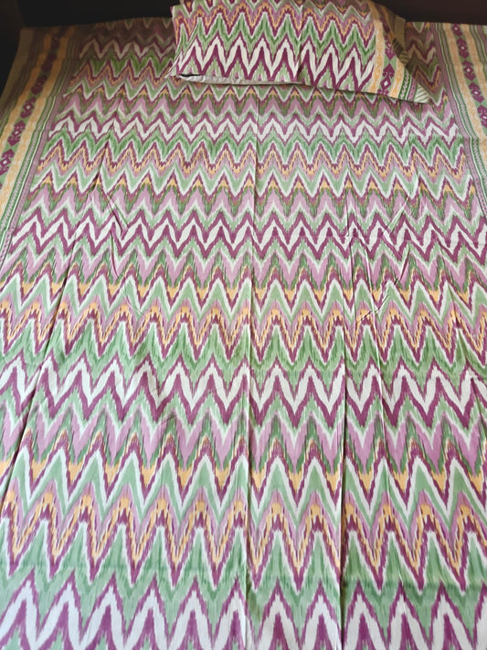 Handblock Print Pure Cotton Teal Ikat Single Bedsheet (60 x 90in)