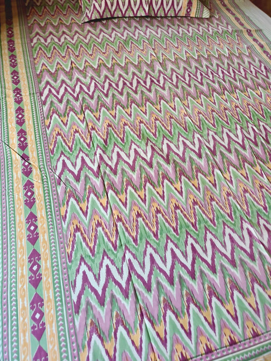 Handblock Print Pure Cotton Teal Ikat Single Bedsheet (60 x 90in)