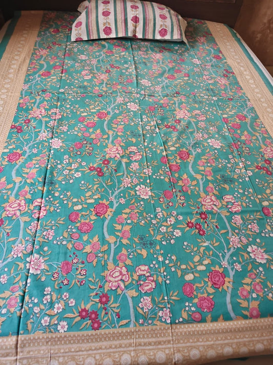 Hand block Print Pure Cotton Teal Abstract Pattern Single Bedsheet (60 x 90in)