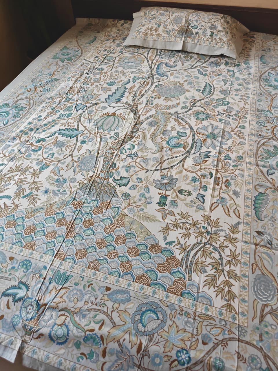 Sajja Tree Of Wishes Handblock Pure Cotton Blue Ash Single Bedsheet (60 x 90in)