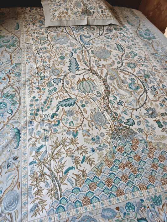 Sajja Tree Of Wishes Handblock Pure Cotton Blue Ash Single Bedsheet (60 x 90in)