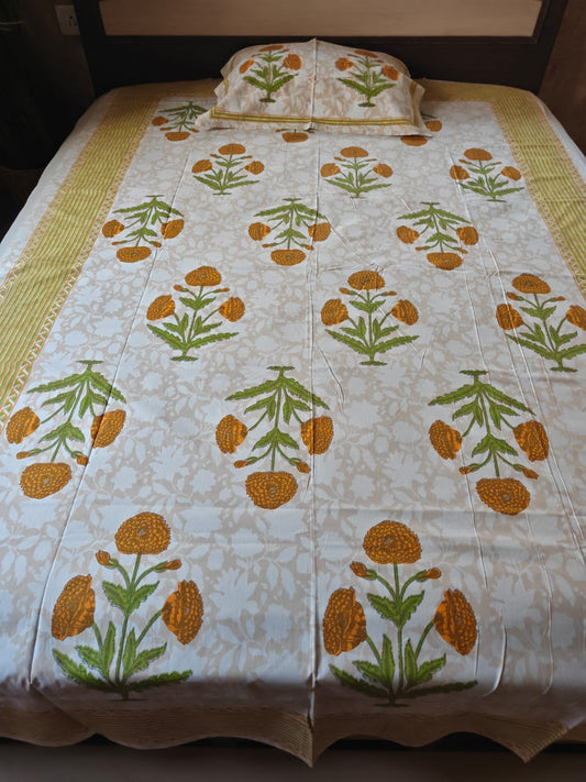 Vintage Handblock Print Pure Cotton Mughal Butta Single Bedsheet (60 x 90in)