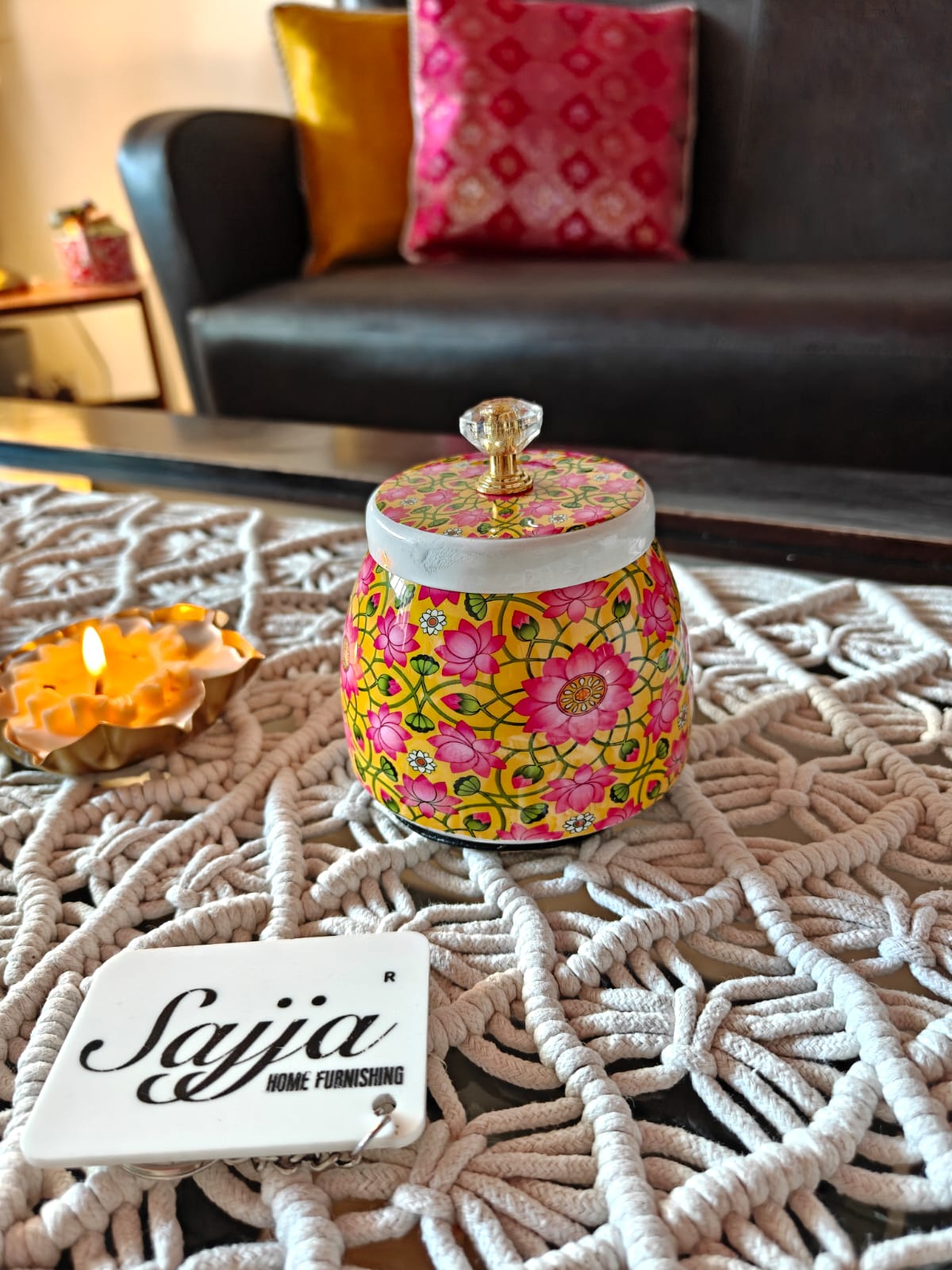 Yellow Pichwai Jar With Gold plated Lid (4x4x2 ") | Storage Metal container | Dry Fruit Jar | Thamboolam gift