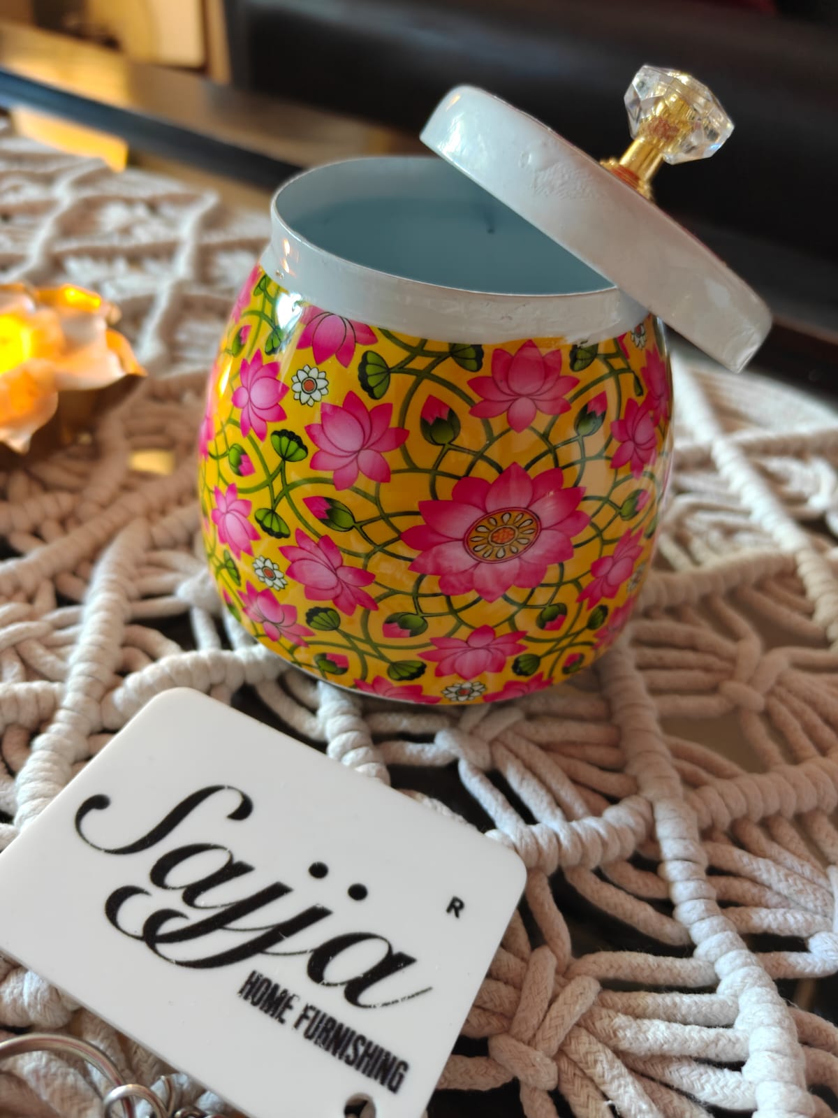 Yellow Pichwai Jar With Gold plated Lid (4x4x2 ") | Storage Metal container | Dry Fruit Jar | Thamboolam gift