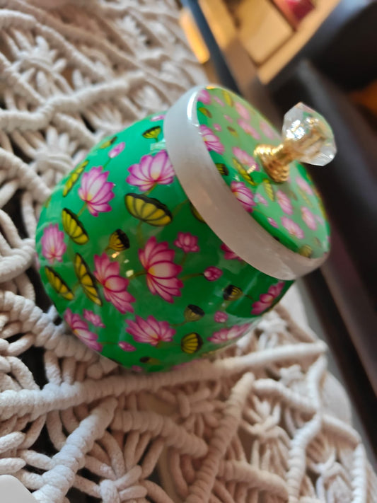 Teal Round Pichwai Jar With Gold plated Lid (4x4 x2 ") | Storage Metal container | Dry Fruit Jar