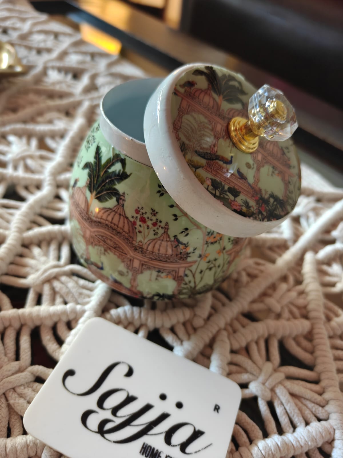 Sage Bright Iridescent Peacock Pichwai Jar with Lid (4x4x2 ")  Gift Jar | Thamboolam gift