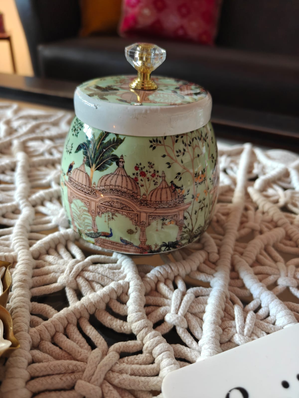 Sage Bright Iridescent Peacock Pichwai Jar with Lid (4x4x2 ")  Gift Jar | Thamboolam gift