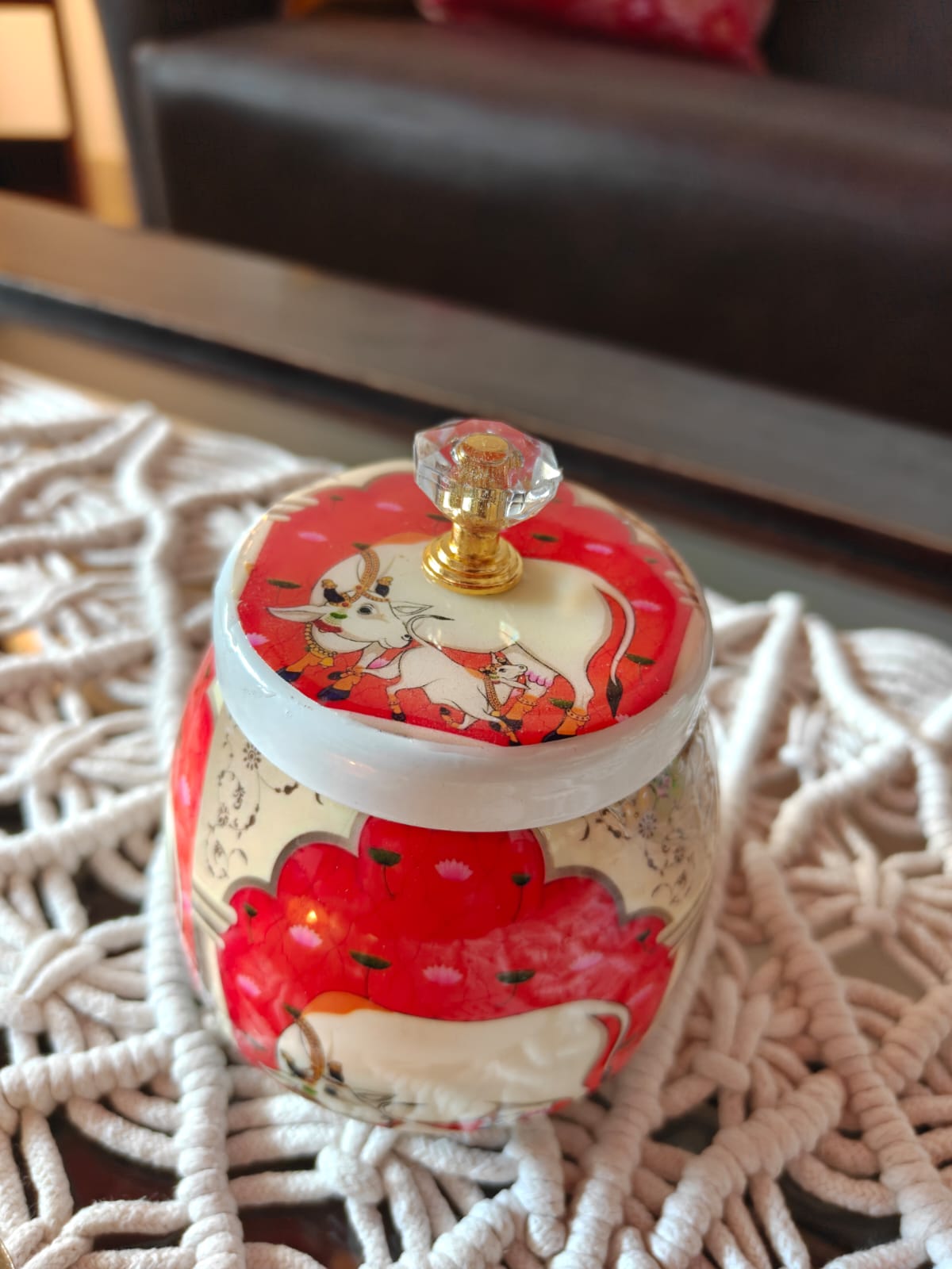 Buy Red Pichwai Cow Jar With Lid Dry Fruit Jar Thamboolam gift Return Gift Wedding Favor