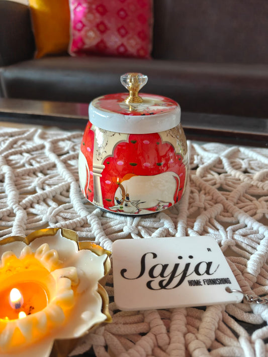 Buy Red Pichwai Cow Jar With Lid Dry Fruit Jar Thamboolam gift Return Gift Wedding Favor