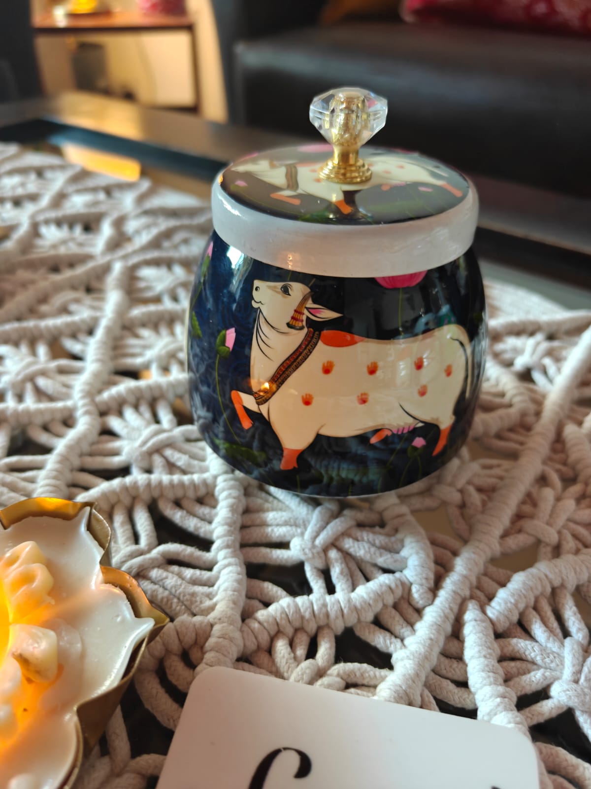 Buy Blue Pichwai Cow Jar With Lid Dry Fruit Jar Thamboolam gift Return Gift Wedding Favor