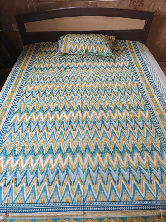 Hand block Print Pure Cotton Blue Ikat Single Bedsheet (60 x 90in)