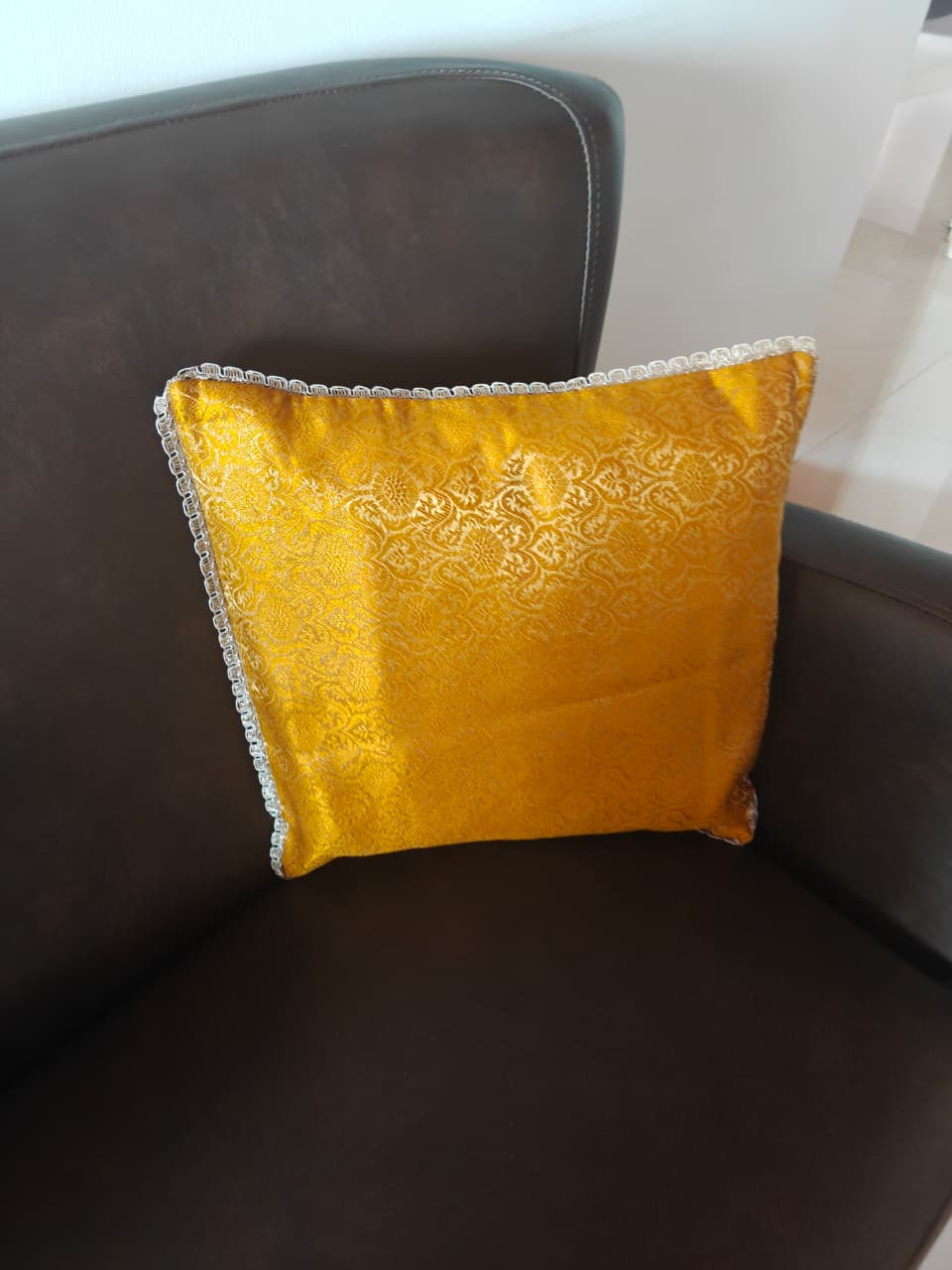 Yellow- Tradational Banarasi Handwoven Brocade Silk Cushion  Covers with Vintage lace 16 x16