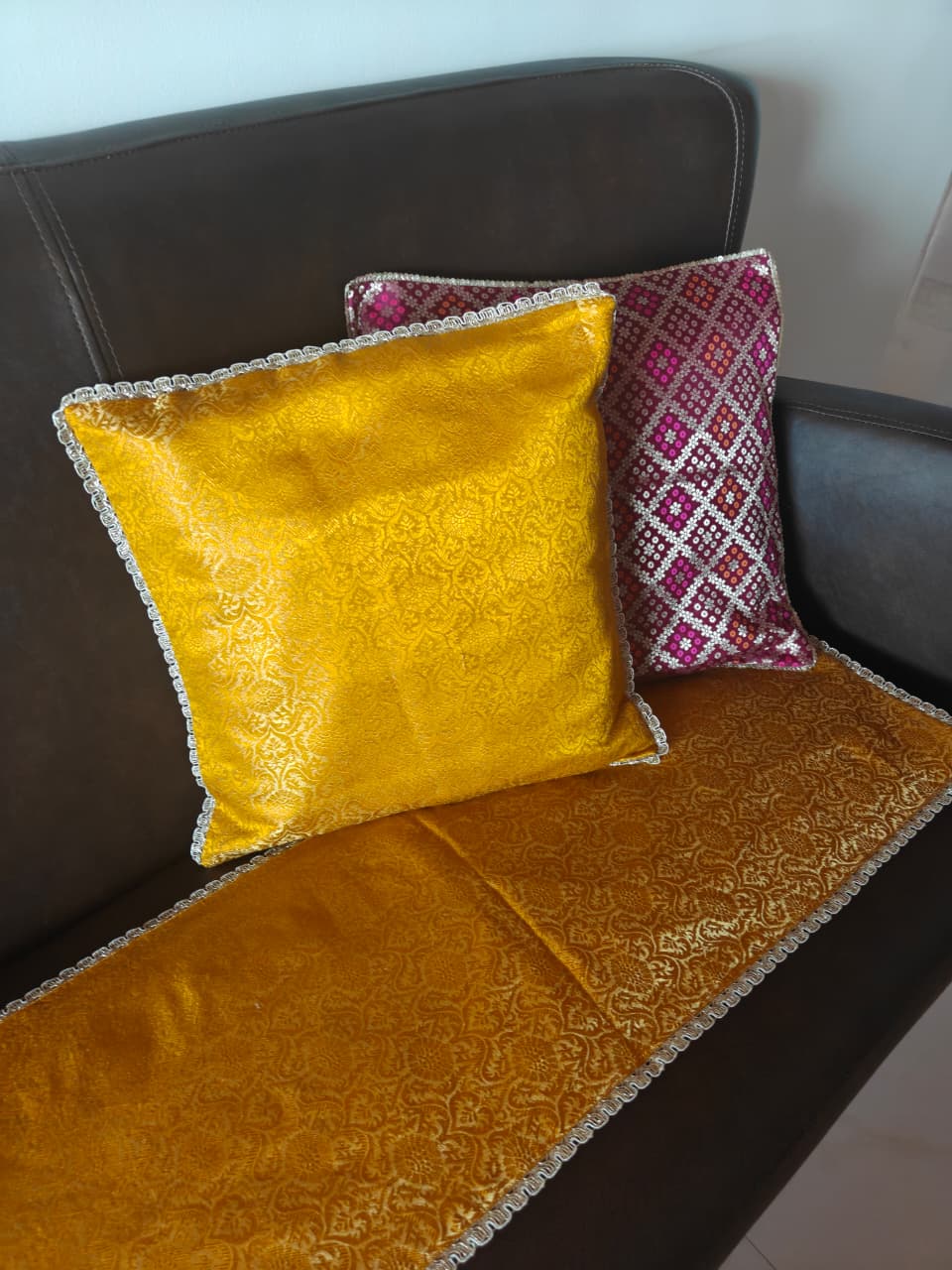 Yellow- Tradational Banarasi Handwoven Brocade Silk Cushion  Covers with Vintage lace 16 x16