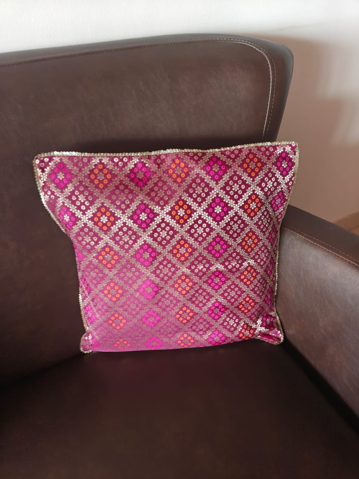 Purple- Tradational Banarasi Handwoven Bandhej Brocade Silk Cushion  Covers with Vintage lace 16 x16