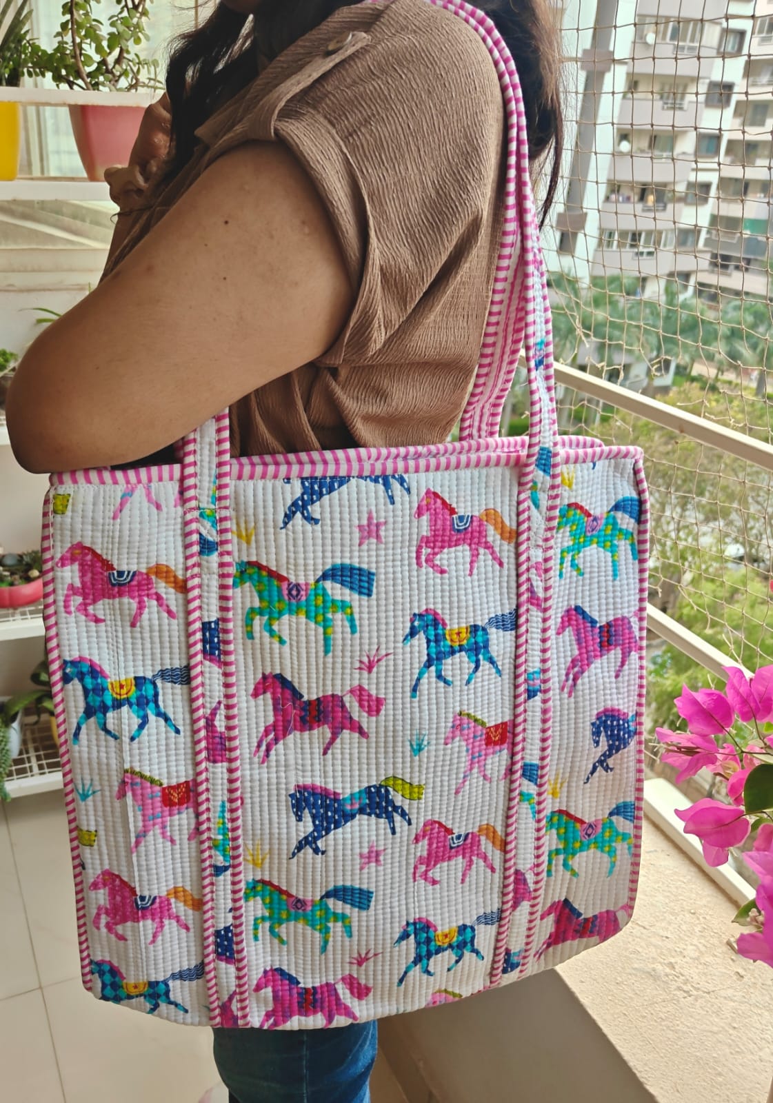 Designer Horses Handblock Printed Quilted Tote Bag with concealed zip 15x 18x 5 inches
