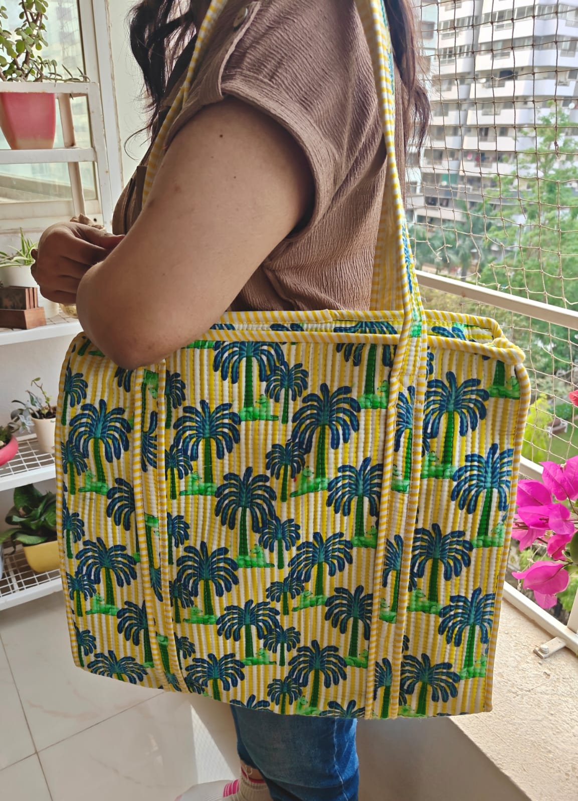 Striped Yellow Green Handblock Quilted Printed Tote Bag Palm Tree Shopping Bag For Girl Women
