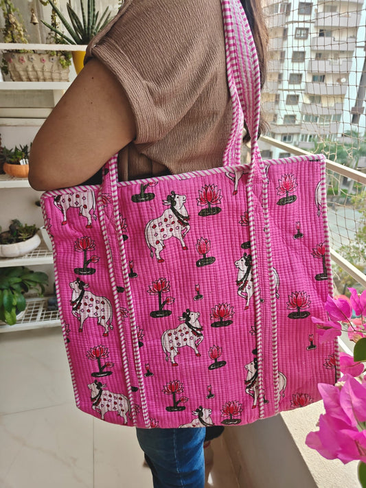 Pichwai Block print tote bag - Boho quilted women's bags - Women's handbag - Pink Hand block Printed Quilted cotton Shoulder Bag