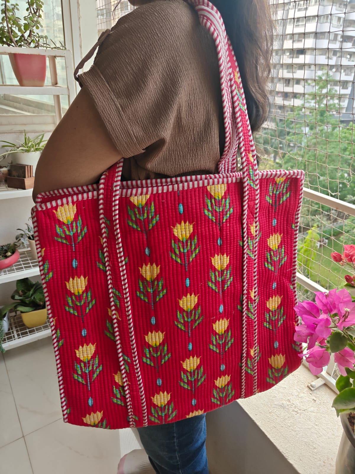 Bright Red Yellow Floral Hand block Printed Quilted Tote Bag  (Large With Zipper)