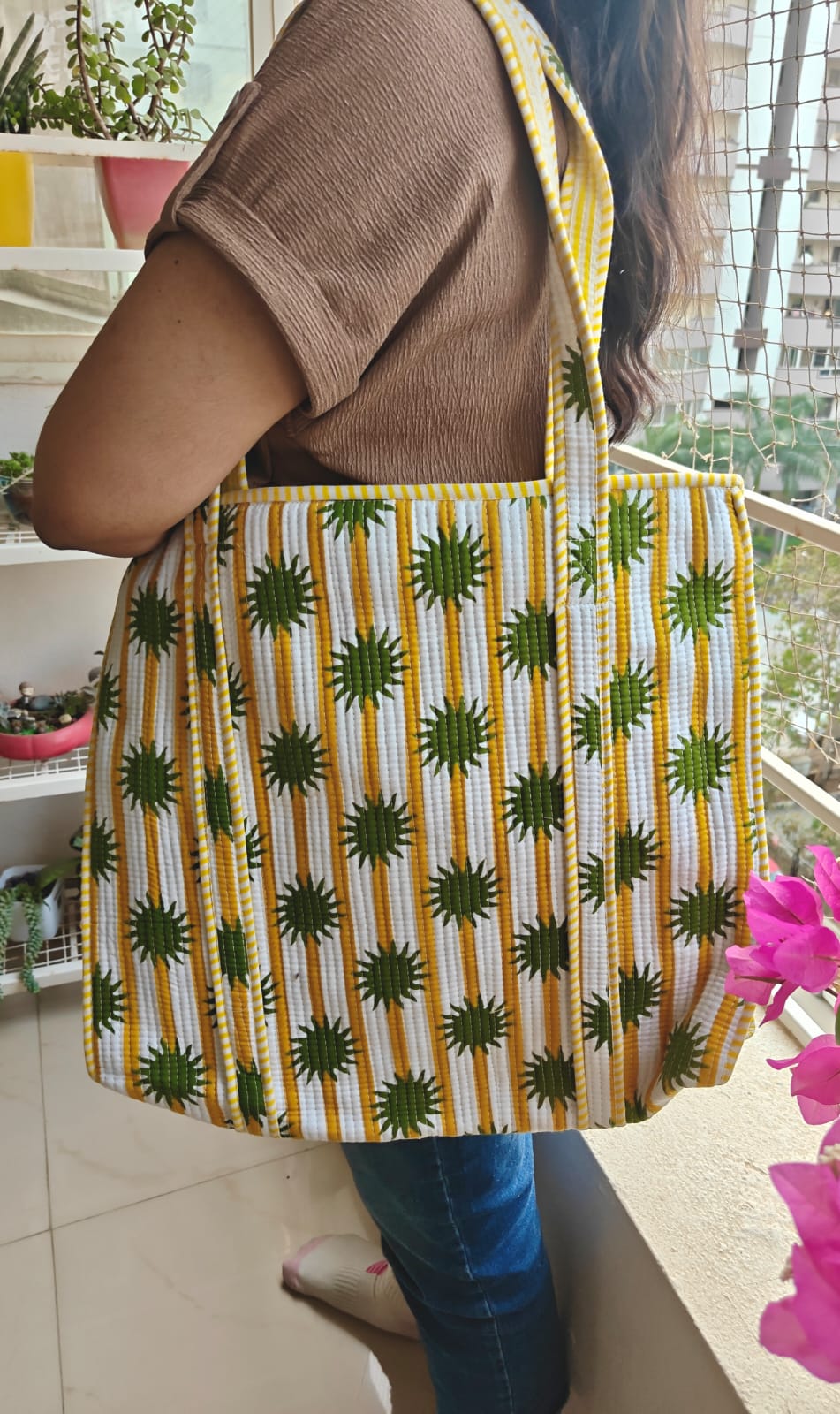 Yellow White Floral Block print tote bag - Handblock quilted women's bags - Women's handbag