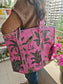 Women Ethnic Jungle Theme Hand Block Printed Shopper Tote Bag handbag - Pinkish Green