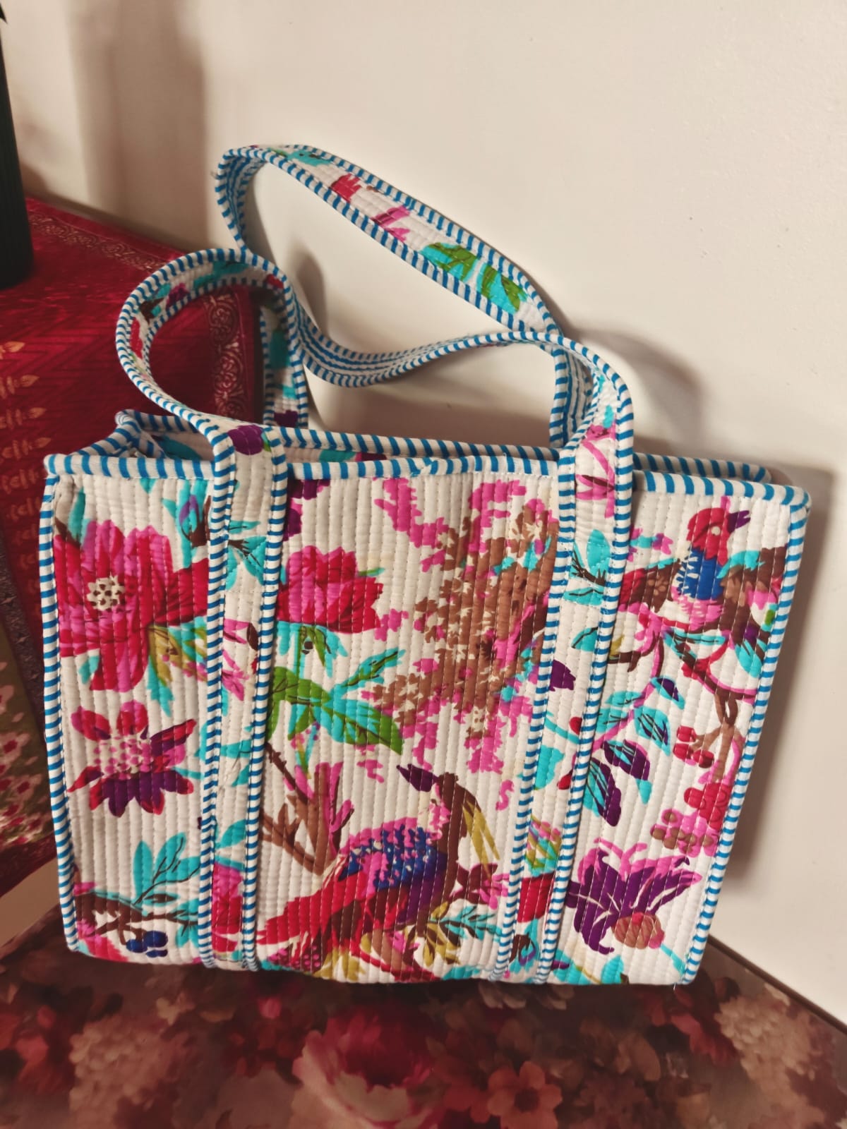 White Floral Block print tote bag - Boho quilted women's bags - Women's handbag Lunch Tote  Bag