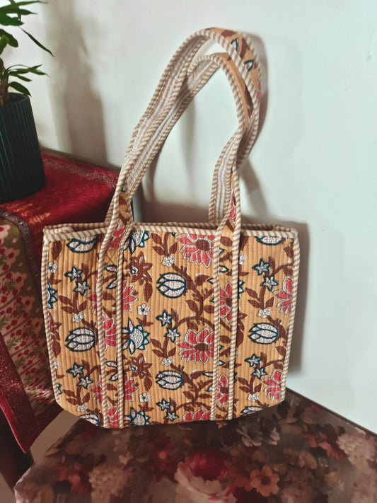 Stylish Floral Peach Hand Block Printed Quilted Lunch Bag -Girl Women kids