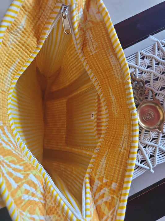 Yellow Ikat Hand Block Printed Tote Bag for Women Girl Unisex | Lunch Bag | Medium Size