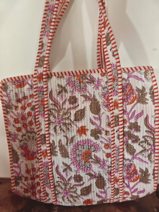 Stylish Peach Floral Cotton Hand Block Quilted Lunch bags Shoulder bag Tote Bag with zip