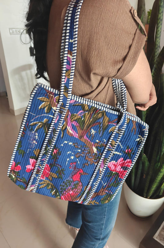  Stylish Blue Cotton Hand Block Quilted Lunch bags Shoulder bag Tote Bag with zip