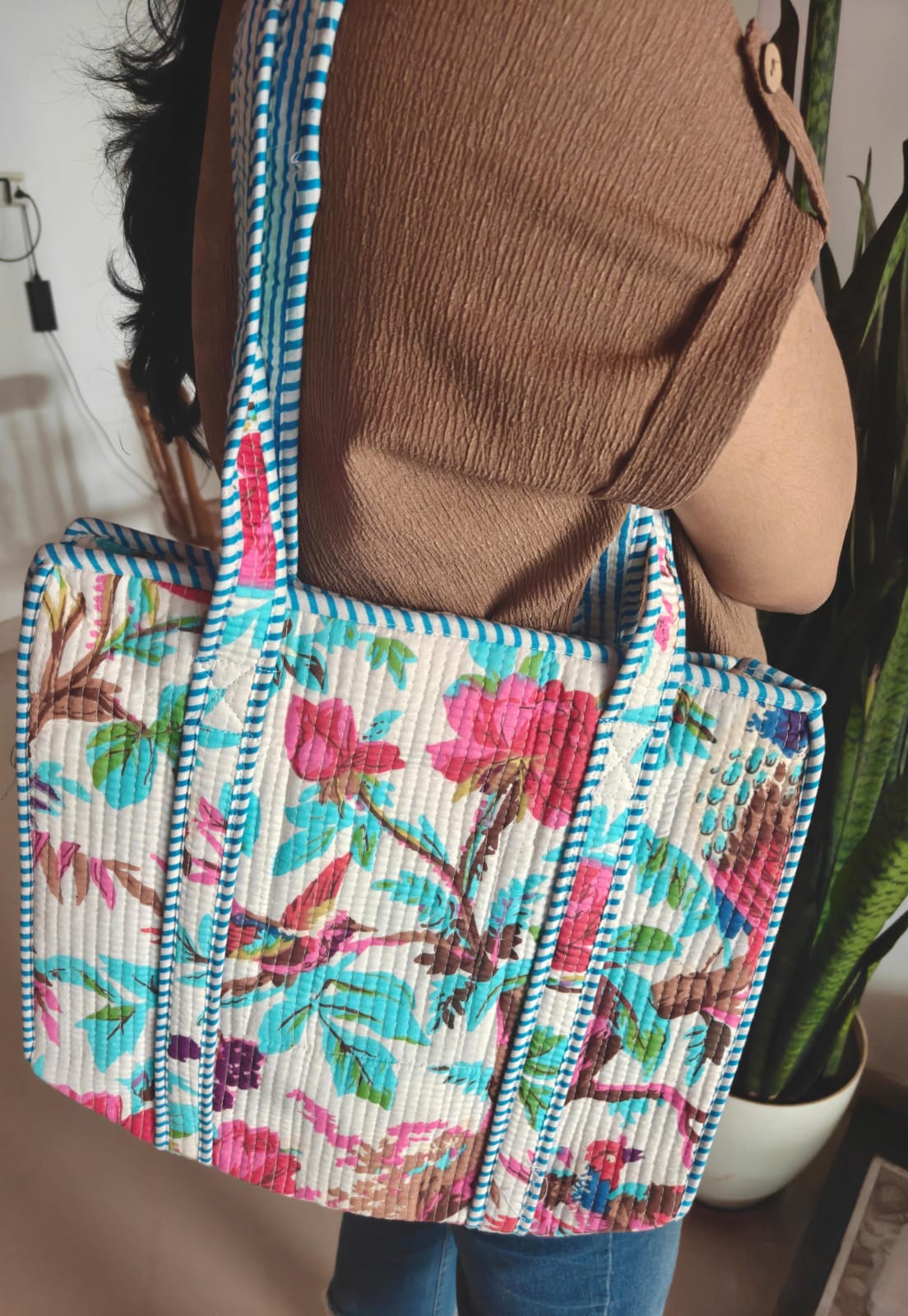 White Floral Block print tote bag - Boho quilted women's bags - Women's handbag Lunch Tote  Bag