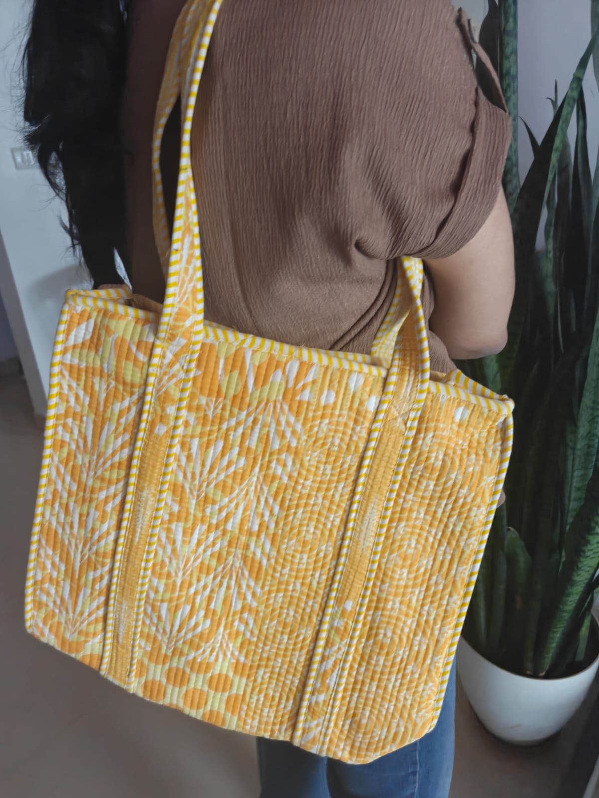 Yellow Ikat Hand Block Printed Tote Bag for Women Girl Unisex | Lunch Bag | Medium Size
