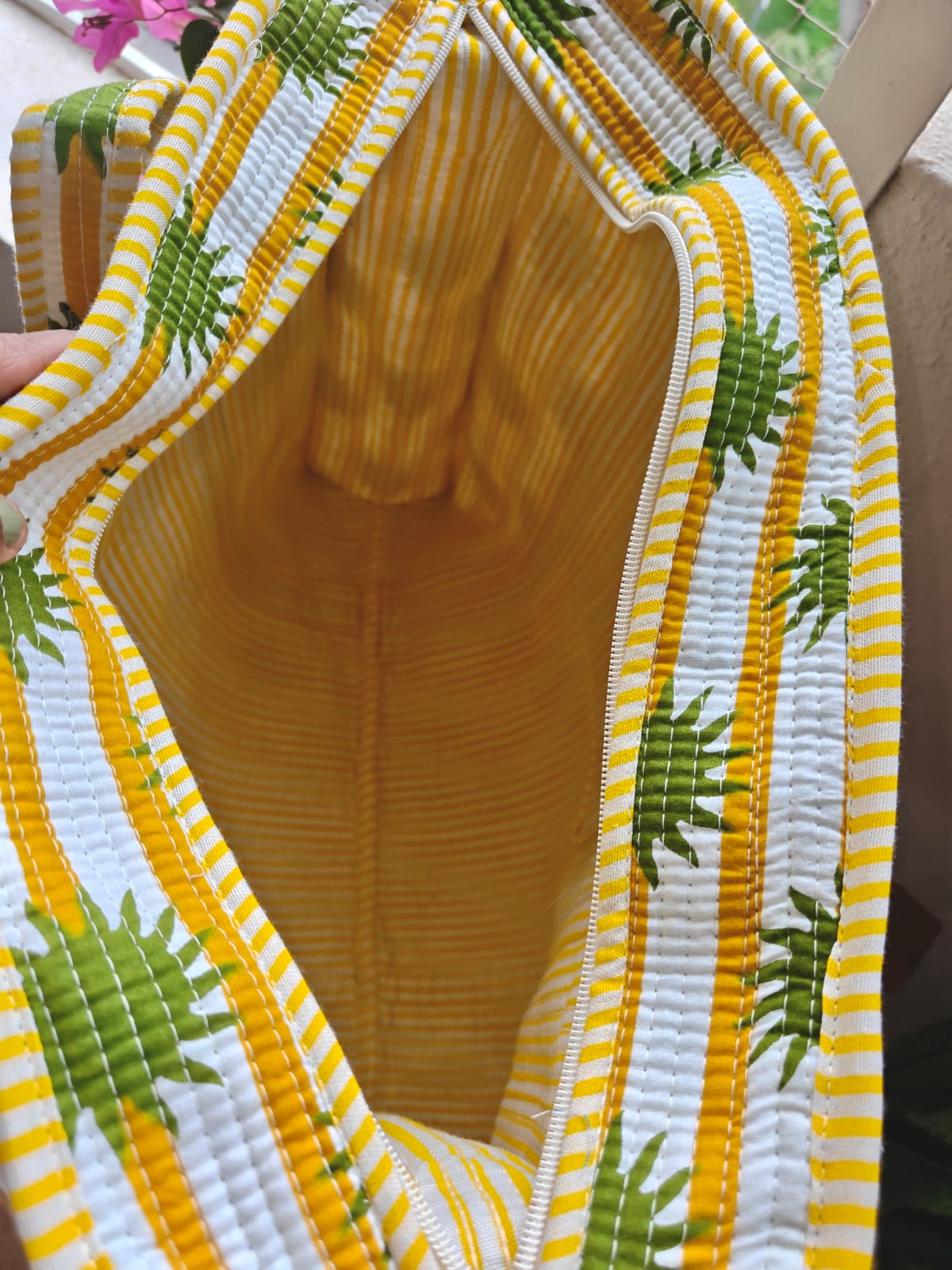 Yellow White Floral Block print tote bag - Handblock quilted women's bags - Women's handbag