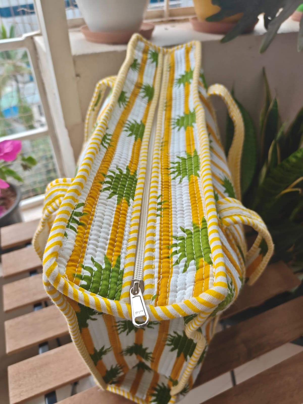 Yellow White Floral Block print tote bag - Handblock quilted women's bags - Women's handbag