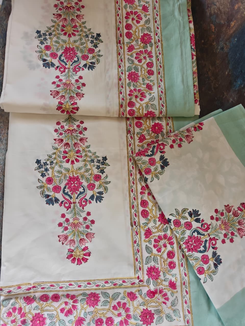 Premium Percale Cotton Hand Block Mughal Floral Luxury Collection Cotton Double Bed King Bedsheet 9f x 9f