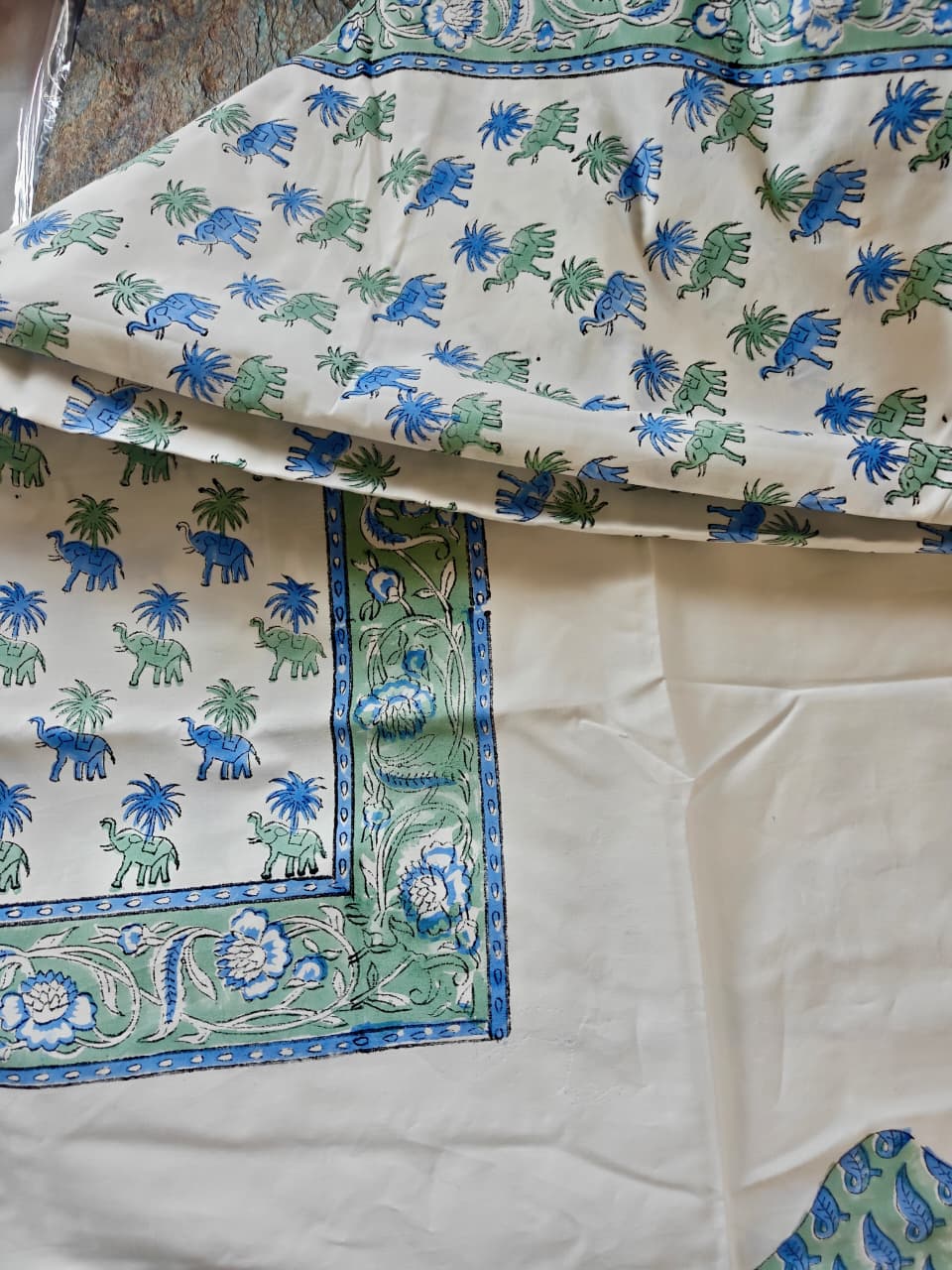 Premium Percale Hand Block Cotton King Bedsheet Blue Floral Hatti 108 inches x 108 inches