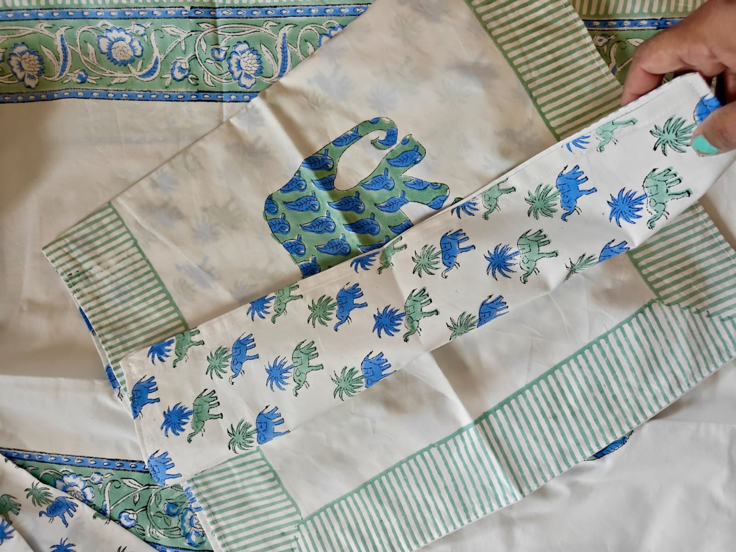 Premium Percale Hand Block Cotton King Bedsheet Blue Floral Hatti 108 inches x 108 inches